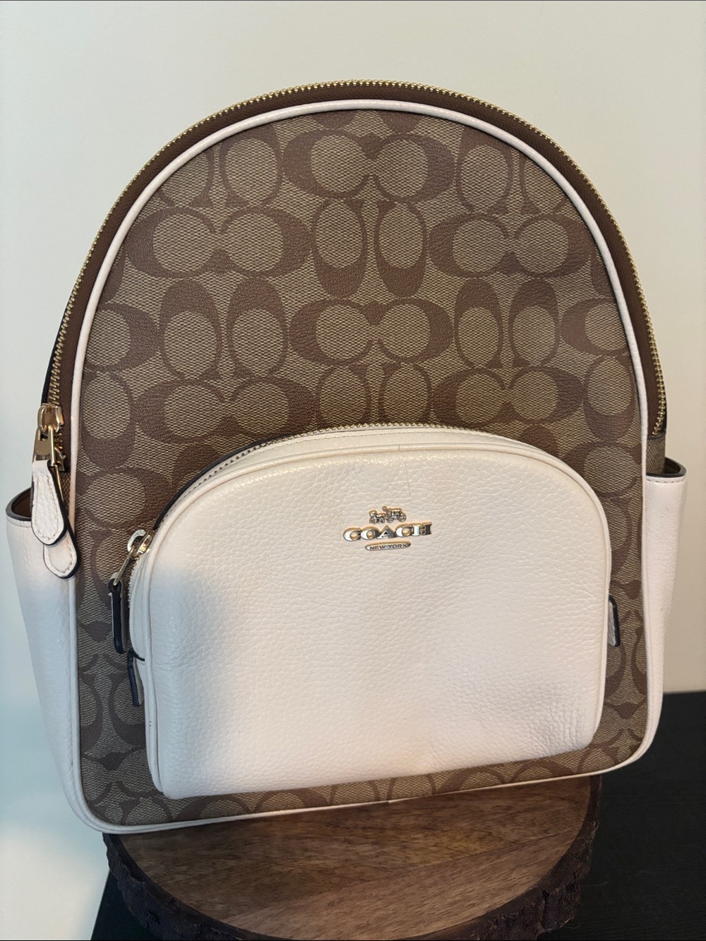 Coach Brown Signature Canvas Backpack with Chalk Trim
